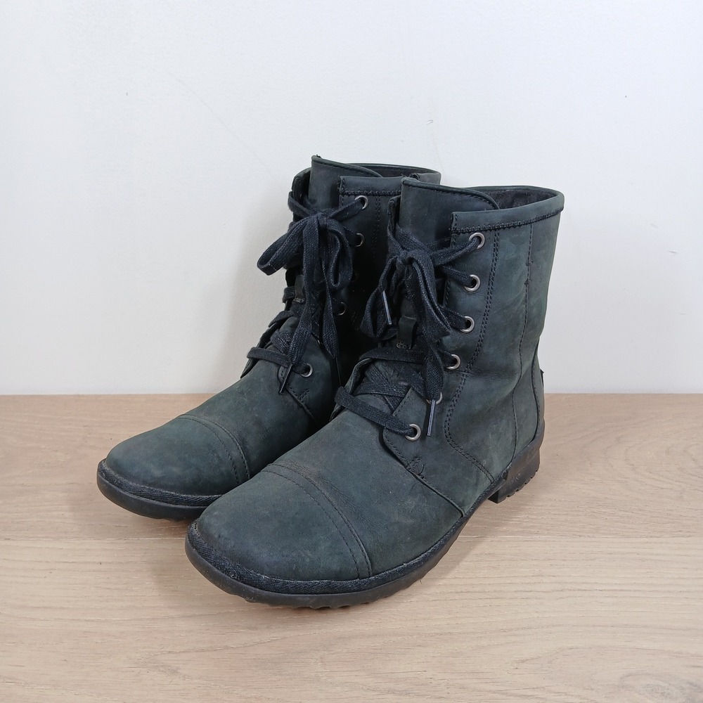 UGG Kesey Combat Boots Womens 8.5 Black Leather Waterproof Lace Up Zip Cap Toe
